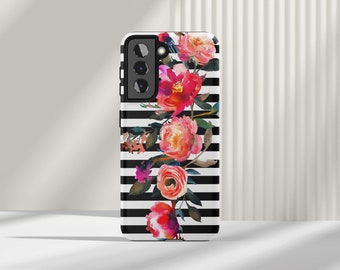 Black and White Stripes with Flowers Phone Case for Samsung Galaxy S22 S23 Plus S24 Ultra S21 S20 FE S10 Note 20 A51 5G A71 Modern Floral