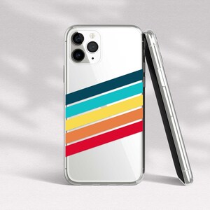 May include: A clear phone case with a colorful striped design. The case has a white background with red, orange, yellow, blue, and teal stripes. The stripes are arranged in a diagonal pattern.