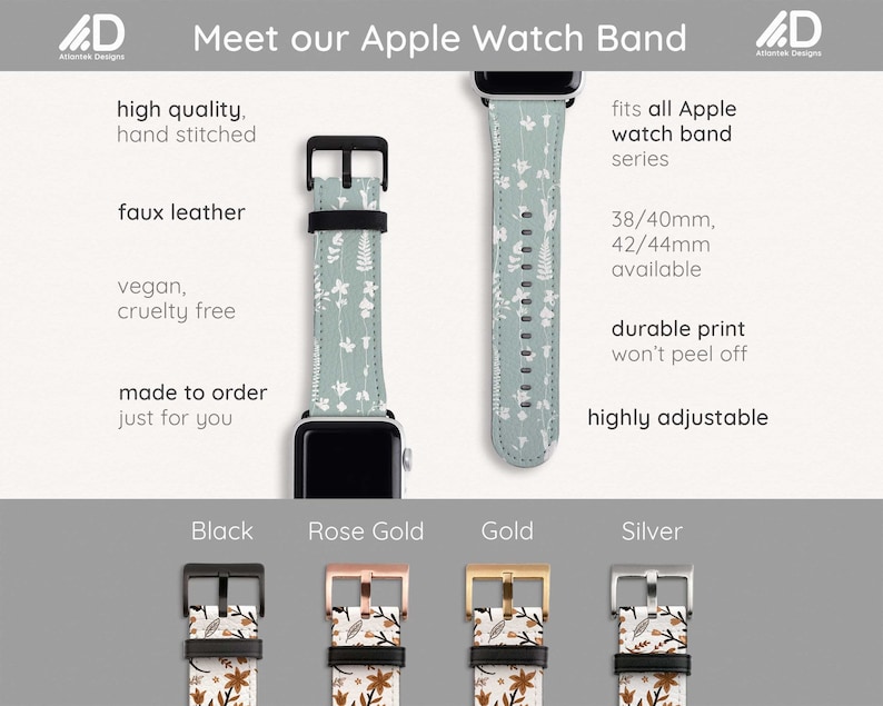 Puede incluir: Primer plano de cuatro correas para Apple Watch con cierres de diferentes colores: negro, oro rosa, oro y plata. Las correas est&aacute;n hechas de piel sint&eacute;tica y tienen un estampado floral. El texto "fits all Apple watch band series" es visible en la imagen.