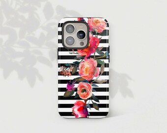 MagSafe Black and White Stripes with Flowers Phone Case for iPhone 16 Pro 14 Pro Max 15 Plus 13 Mini 16e Striped Floral Case Modern Design