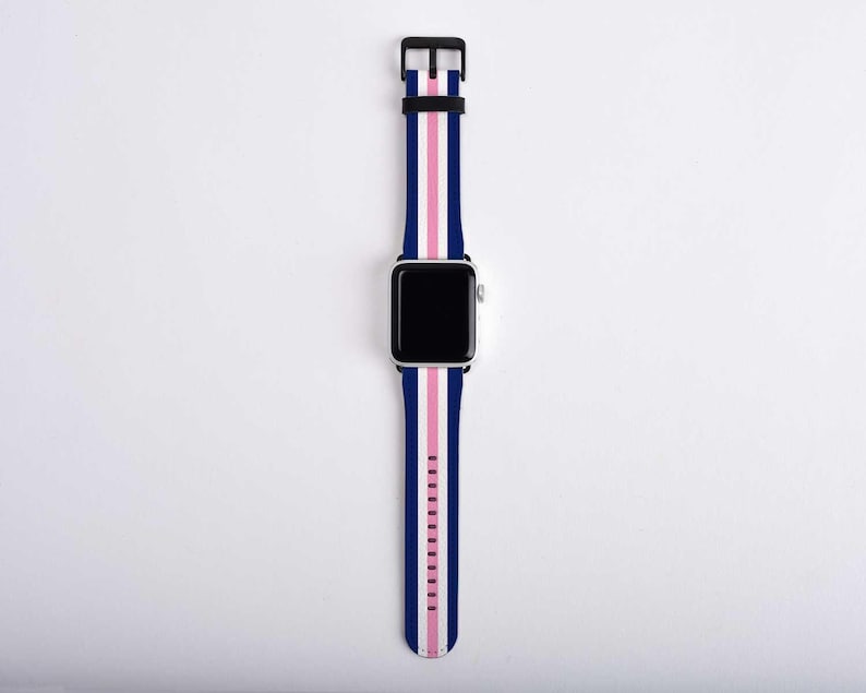 Navy Blue White Pink Striped Apple Watch Band Series 5 4 3 2 1 iWatch Band Stripes Apple Watch Band Women's 38mm Watch Band 44mm 40mm 42mm image 5