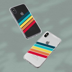 May include: Two clear phone cases with a colorful striped design. The stripes are red, orange, yellow, teal, and dark blue. The cases are for an iPhone X.