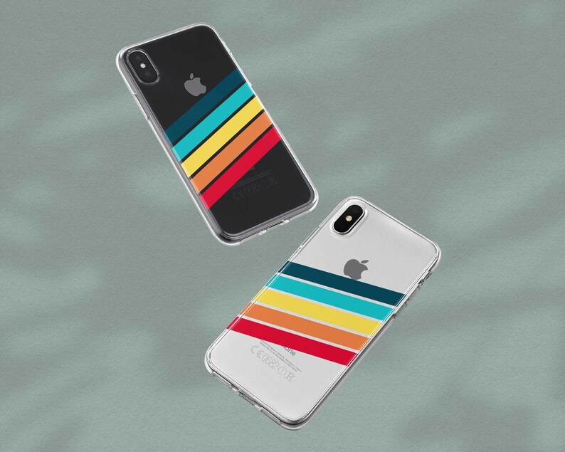 May include: Two clear phone cases with a colorful striped design. The stripes are red, orange, yellow, teal, and dark blue. The cases are for an iPhone X.