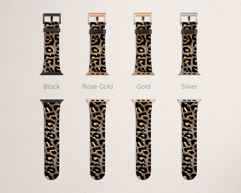 Puede incluir: Cuatro correas para Apple Watch con un dise&ntilde;o de estampado de leopardo. Las correas se muestran en negro, oro rosa, oro y plata.