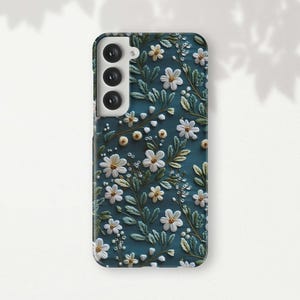 Teal Green and White Flowers Phone Case for Samsung Galaxy S25 S24 Ultra S23 Plus S22 S21 S20 FE Pretty Faux Embroidered Effect