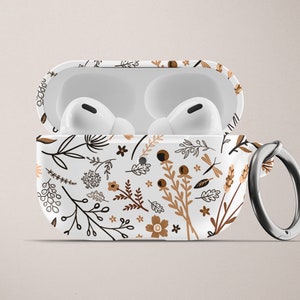 Flower Apple AirPods Case AirPod Pro Hard Plastic Case Tan Brown White Neutral Color Floral Air Pod Case with Keychain Flowers AD-TANFL image 2