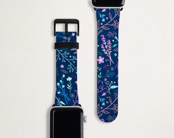 Floral Apple Watch Strap Flower Apple Watch Band 38mm 40mm 42mm 44mm Faux Leather Apple iWatch Band Series 6 5 4 3 2 1 SE Blue Purple Strap