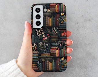 Dunkle Blumen und Buch Handyhülle für Samsung Galaxy S25 Ultra S24 Plus S23 FE Bücherregal und Blumen Stickerei Wirkung Academia Bücherwurm Geschenk