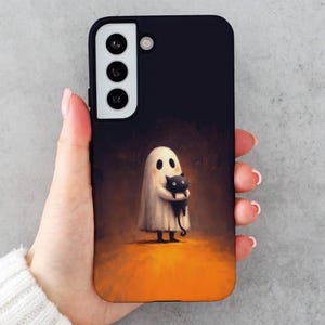 Cat and Ghost Phone Case for Samsung Galaxy S25 Ultra S24 Plus S23 FE S22 S21 Note 20 Dark Halloween Aesthetic Spooky Orange and Black Cat