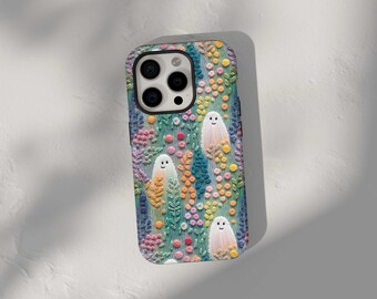 Pastel Ghost Phone Case for iPhone 16 15 14 13 16e Samsung Galaxy S25 S24 S23 Google Pixel 9 8 7 6 Flowers Cute Halloween Faux Embroidery