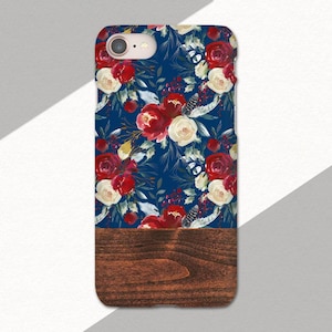 Floral iPhone X Case, iPhone 8 Case, Wood and Flower iPhone 7 Phone Case, iPhone 6S Case, Pretty iPhone 6 Case, Blue Red White Brown, 8 Plus