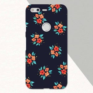 Watercolor Orange Red Flowers Google Pixel Case, Dark Blue Flower Pixel Case, Pixel XL 2 Case, Floral Pixel 2 Case, Flower Phone Case image 2