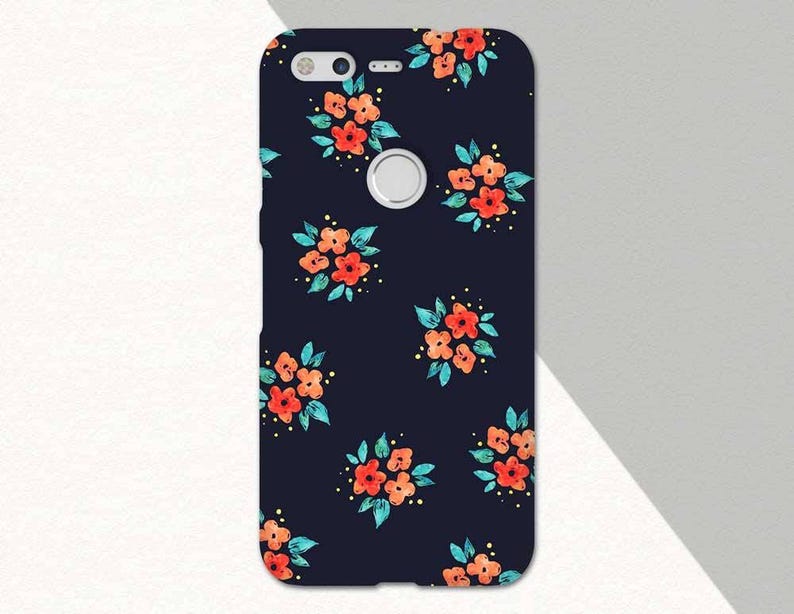 Watercolor Orange Red Flowers Google Pixel Case, Dark Blue Flower Pixel Case, Pixel XL 2 Case, Floral Pixel 2 Case, Flower Phone Case image 2