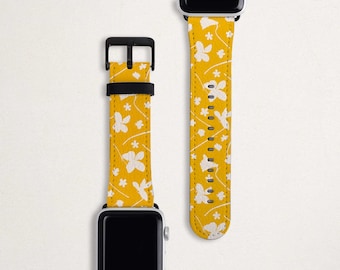 Mustard Yellow Floral Apple Watch Band Women's 38mm 40mm 42mm 44mm White Flower Pattern Vegan Leather Apple iWatch Band Series 6 5 4 3 2 SE