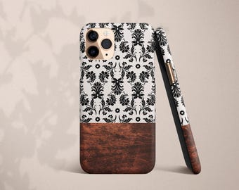Damask Pattern with Wood Phone Case for Google Pixel 10 9 8 Pro 7 6 XL Black and Antique Off White Faux Wood Look