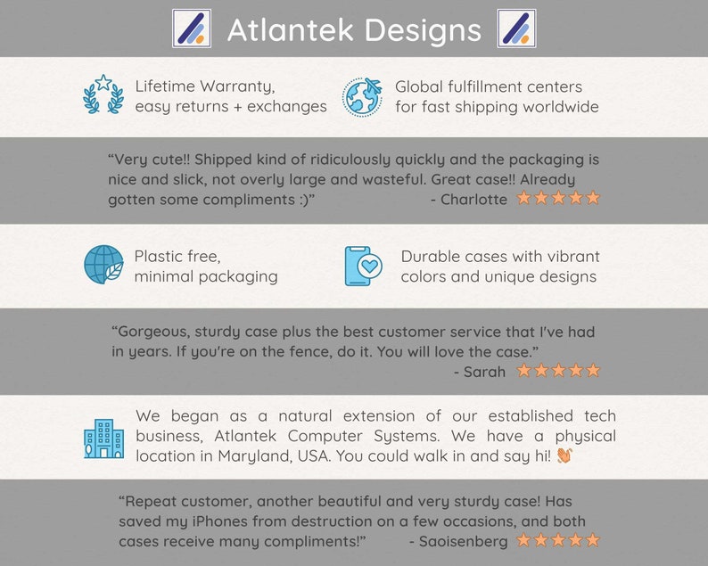 Puede incluir: Atlantek Designs ofrece fundas para tel&eacute;fonos con garant&iacute;a de por vida, devoluciones f&aacute;ciles e intercambios, y env&iacute;o r&aacute;pido a todo el mundo. La empresa es consciente del medio ambiente y utiliza embalajes m&iacute;nimos sin pl&aacute;stico. Las rese&ntilde;as de los clientes destacan la calidad de las fundas y el excelente servicio al cliente.