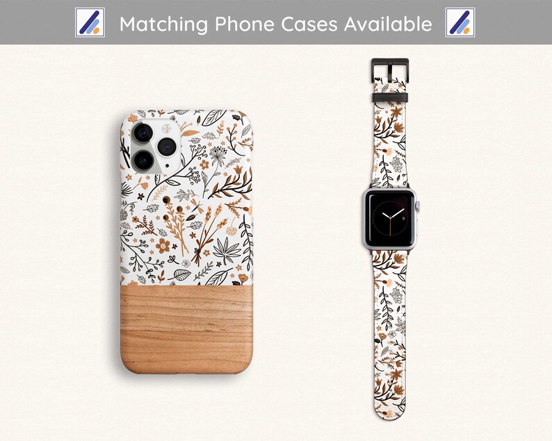 May include: A white phone case with a floral pattern and a wood-grain bottom. A matching floral watch band is also shown.