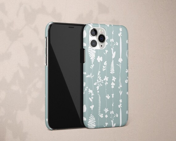 White Flower Pattern on Green iPhone 12 Phone Case for iPhone 11 Pro Max Floral Gift for Her Light Green Pastel iPhone XS Max 8 Plus 7 XR 6