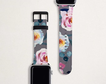 Pink Flowers on Grey Apple Watch Strap Flower Apple Watch Band 38mm 40mm 42mm 44mm Faux Leather Apple iWatch Band Series 5 4 3 2 1 Floral