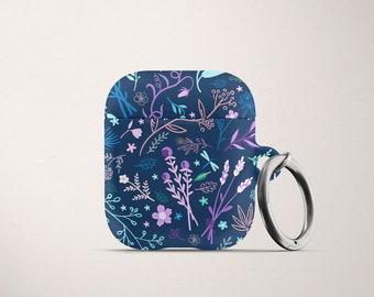 Blue Floral AirPods Case for AirPods Pro Hard Cover with Keychain Apple Air Pod 1 2 and Carabiner Airpod Flower Case Floral Pattern Purple
