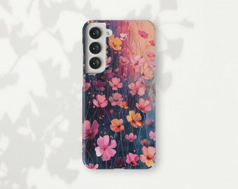 Pretty Pink Flowers Phone Case for Samsung Galaxy S24 Ultra S23 Plus S22 S21 S20 FE S10 Note 20 10 9 Dark Blue Spring Floral Illustration