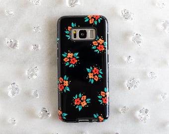 Orange Flowers on Dark Navy Flower Phone Case for Samsung Galaxy S25 S24 FE S23 Plus Ultra S22 S21 S20 Floral Pattern