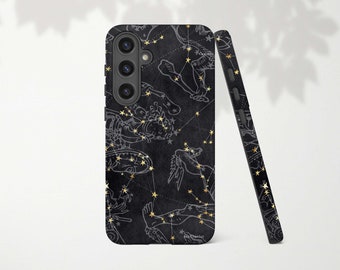Star Phone Case with Dark Grey Zodiac Constellations Celestial Phone Case for Samsung Galaxy S24 Ultra S23 Plus S22 S21 S20 FE S10 Note 20