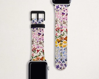 Floral Apple Watch Band Women's Pressed Flower Apple Watch Band 38mm 40mm 42mm 44mm with Fake Leather iWatch Strap Series 3 5 4 2 1 Rainbow