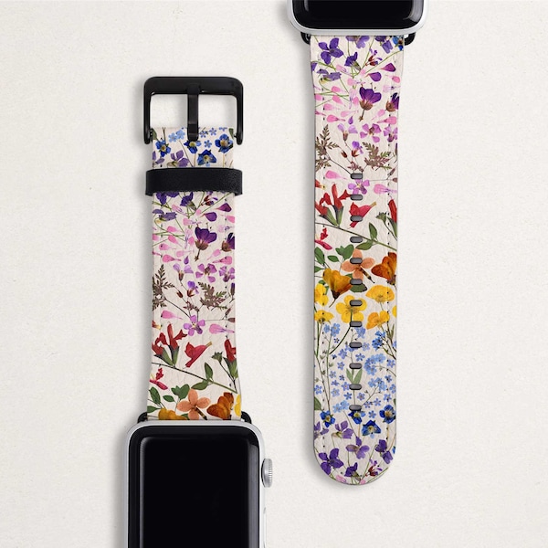 Floral Apple Watch Band Women's Pressed Flower Apple Watch Band 38mm 40mm 42mm 44mm with Fake Leather iWatch Strap Series 3 5 4 2 1 Rainbow