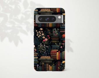 May include: A black phone case featuring a design of colourful flowers and books. The case has a camera cutout and a black background.