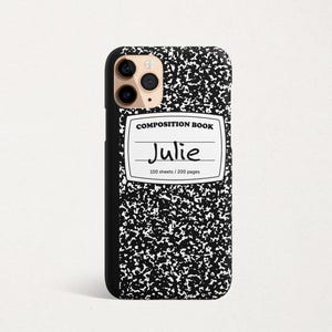 a black and white phone case with a label on it