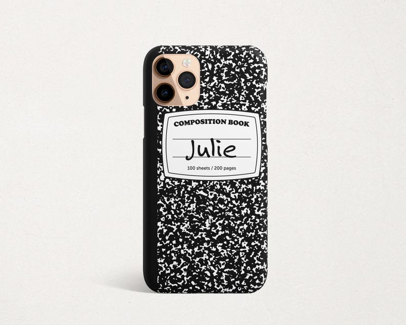 a black and white phone case with a label on it