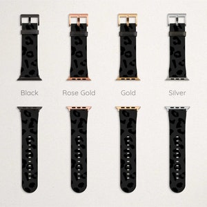 Puede incluir: Cuatro correas para Apple Watch con un dise&ntilde;o de estampado de leopardo negro. Las correas se muestran en cuatro colores diferentes: negro, oro rosa, oro y plata.