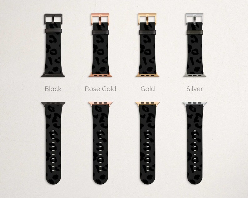 Puede incluir: Cuatro correas para Apple Watch con un dise&ntilde;o de estampado de leopardo negro. Las correas se muestran en cuatro colores diferentes: negro, oro rosa, oro y plata.