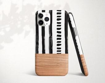 Black and White Dashes with Faux Wood Phone Case | iPhone 16 Pro Max 15 14 Plus 13 Mini 11 XR XS 8 Plus 7 SE 16e MagSafe Tough Phone Case