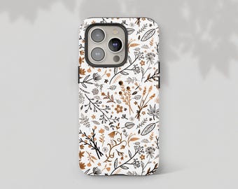 Floral Phone Case: Tan Black and White Flower Pattern, iPhone Case Fits 17 16 16e 15 14 13 12