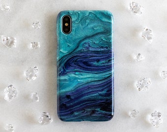 Teal Purple Marbled Paint iPhone Case Pretty Marble iPhone XS Max Case for iPhone XR Blue Green 8 Plus 7 Plus 6S Plus SE iPhone X Case Cute