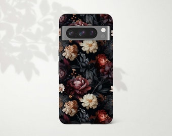 Dark Vintage Floral Academia Phone Case for Google Pixel 8 Pro 7 6 5 5A 4 4A 5G 4XL 3 XL 2 Black Flower Design Victorian Gothic Aesthetic