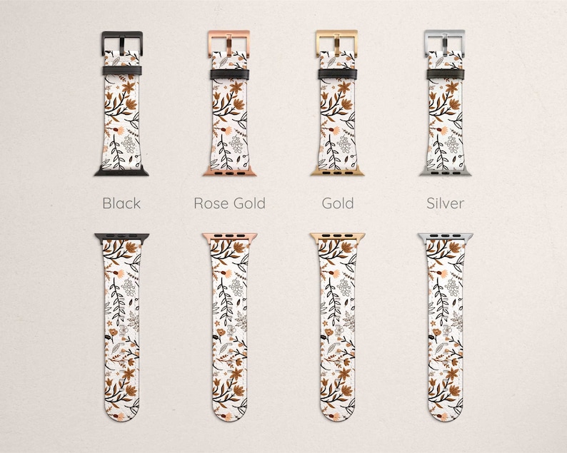 May include: Four Apple Watch bands with a floral pattern. The bands are shown in black, rose gold, gold, and silver.