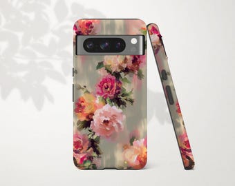 Abstract Floral Phone Case for Google Pixel 10 9 Pro XL 8 7 6: Blurry Flowers with Pink and Pastel Green Cute Coquette Flower Aesthetic