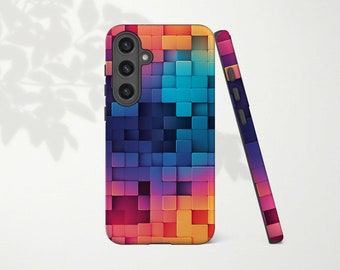 Colorful Illusion Phone Case for Samsung Galaxy S24 Ultra S23 Plus S22 S21 S20 FE S10 Note 20 10 9 A51 5G A71 Blue Orange Geometric Blocks