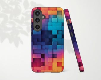 Colorful Illusion Phone Case for Samsung Galaxy S25 S24 Ultra S23 Plus S22 S21 S20 FE Blue Orange Geometric Blocks