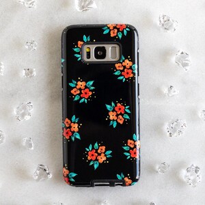 Watercolor Orange Red Flowers Google Pixel Case, Dark Blue Flower Pixel Case, Pixel XL 2 Case, Floral Pixel 2 Case, Flower Phone Case image 1
