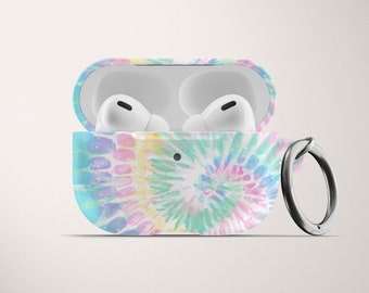 Pastel Rainbow Tie Dye AirPod Case for AirPods Pro Hard Cover with Keychain Apple Air Pod 1 2 and Carabiner Cute Gift for Mom or Girlfriend