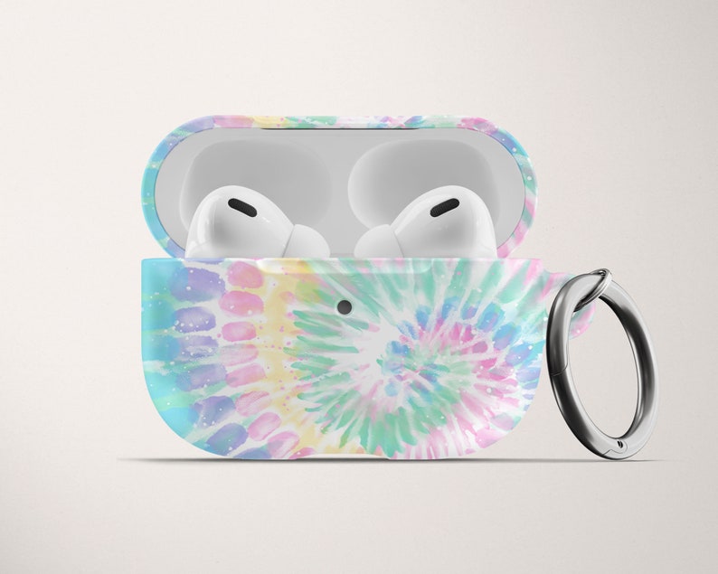 Pastel Rainbow Tie Dye AirPod Case for AirPods Pro Hard Cover with Keychain Apple Air Pod 1 2 and Carabiner Cute Gift for Mom or Girlfriend image 1