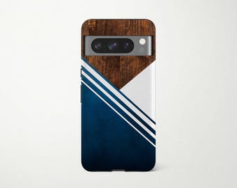 Dark Blue and White Stripes with Faux Wood Phone Case for Google Pixel 10 9 XL 9a 8 Pro 7 6 Geometric Design Phone Cover for Men Guys