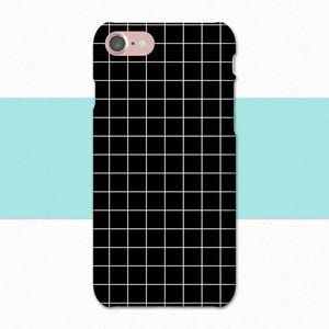 May include: Black and white grid phone case. The case has a geometric pattern of squares.