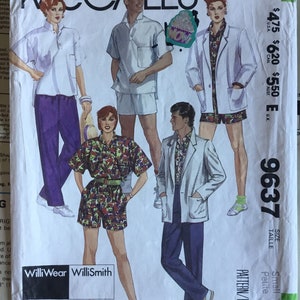 May include: A sewing pattern for a small petite size garment. The pattern is for a white lab coat with a pocket, a white shirt with a pocket, and a colorful patterned shirt with shorts. The pattern is from McCall's and the pattern number is 9637.