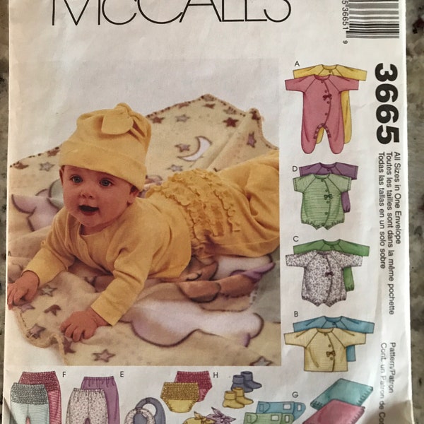 McCall’s 3665 Sizes Newborn, S, M, L Coveralls, Top, Bodysuit, Pants, Blanket, Booties, Bib, Hat Sewing Pattern