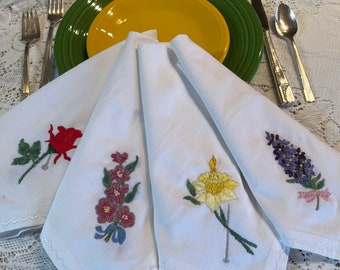 Hand Embroidered Napkins Cotton Spring Flowers